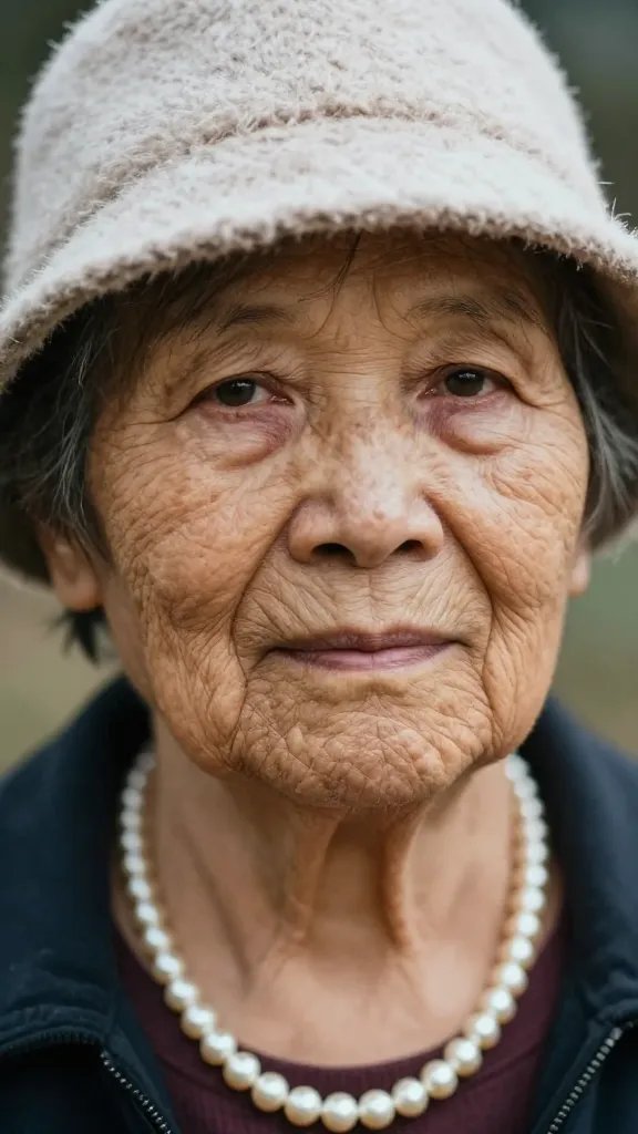 closeup of elder woman with pearl necklace and soft winter hat