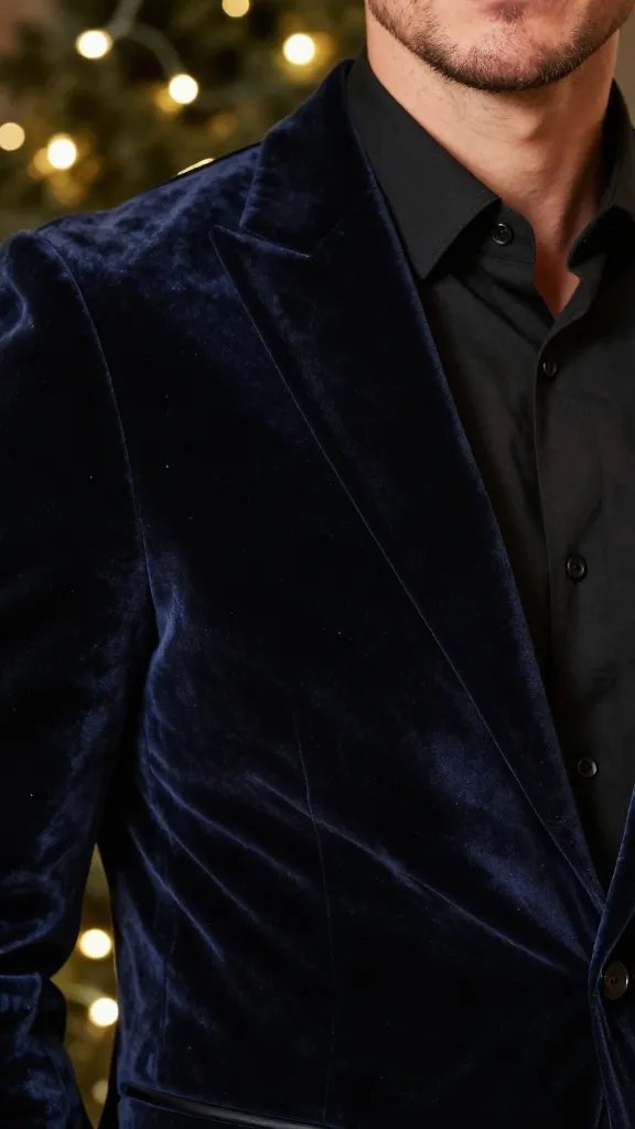 closeup of man with velvet blazer and twinkling string lights behind