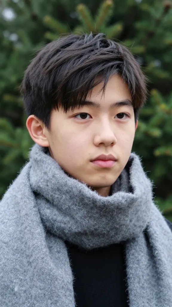 closeup of teen with fuzzy scarf and evergreen backdrop bokeh