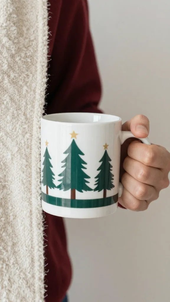 closeup of single subject with holiday mug and textured blanket edge