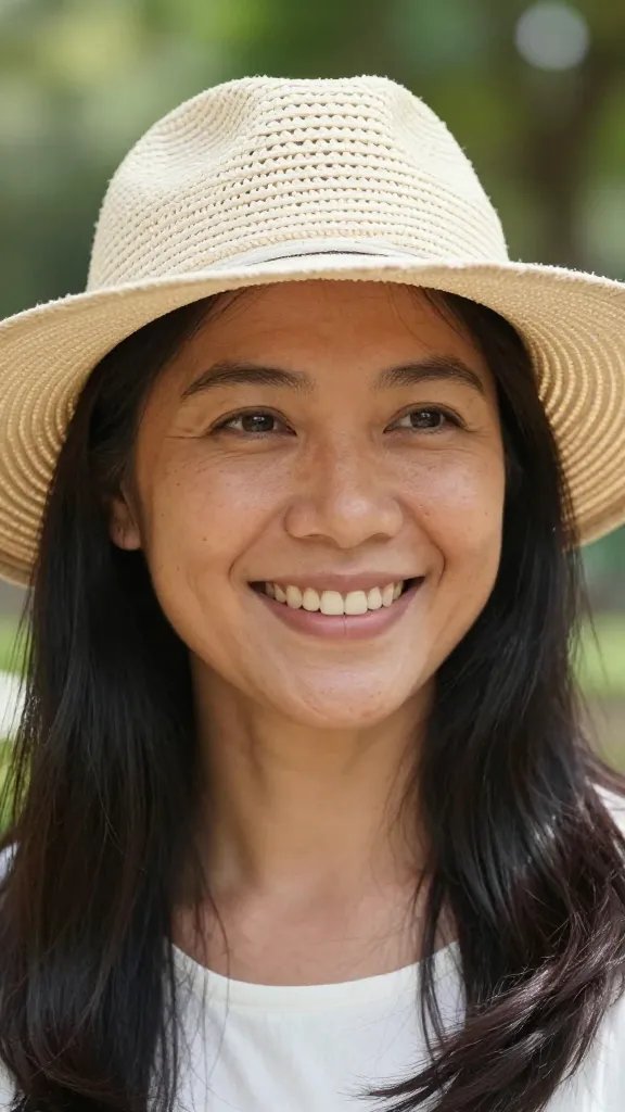 closeup of a Filipino mom smiling under sunlit trees, picnic hat
