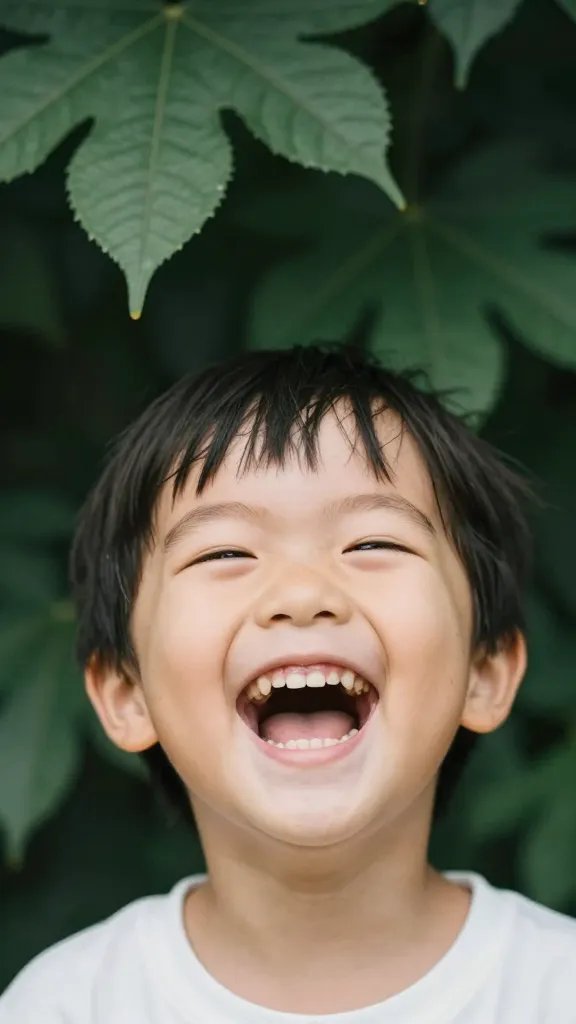 closeup of a child’s joyful laughter with leafy shade backdrop