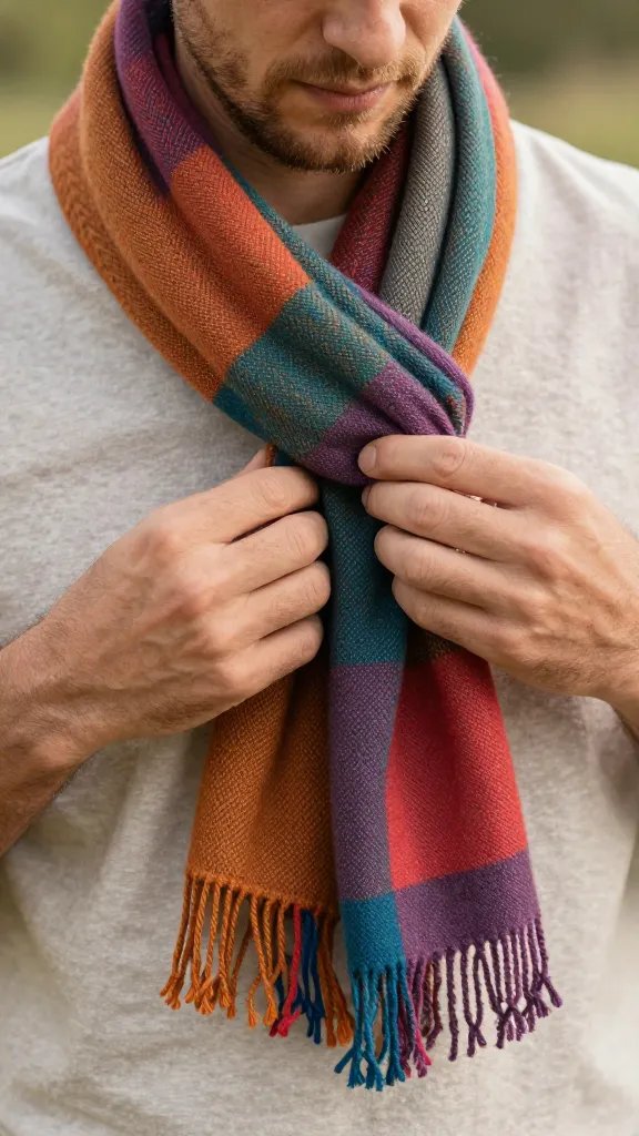closeup of a dad adjusting a colorful scarf, rustic picnic blanket