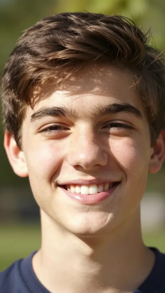 closeup of a teen’s warm smile, natural sunlight through leaves