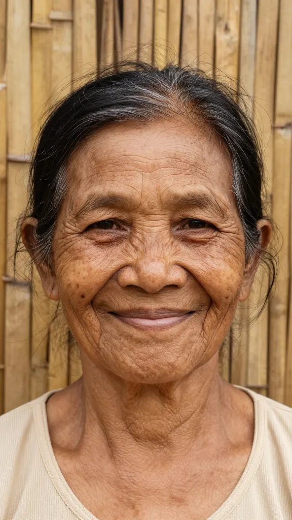 closeup of a grandmother’s gentle grin, textured nipa wall behind