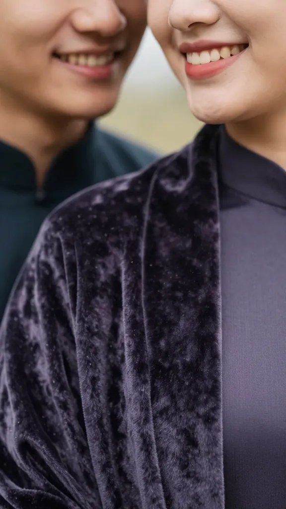 closeup of a young couple’s radiant smile, velvet áo shawl detail