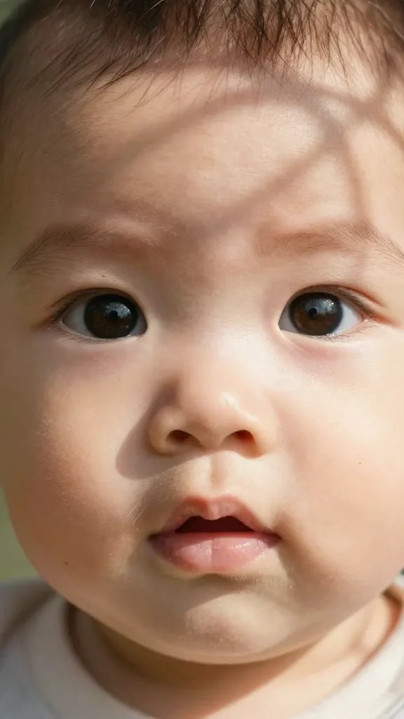 closeup of a baby’s curious eyes, dappled sunlight thru branches