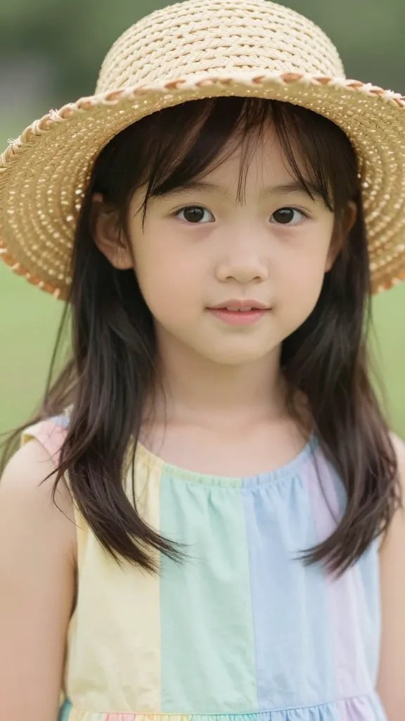 closeup of a teen girl in pastel dress, woven palm hat