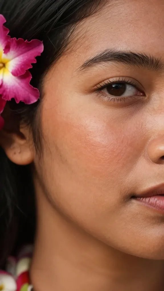 closeup of a woman’s sun-kissed cheek, floral lei accessory
