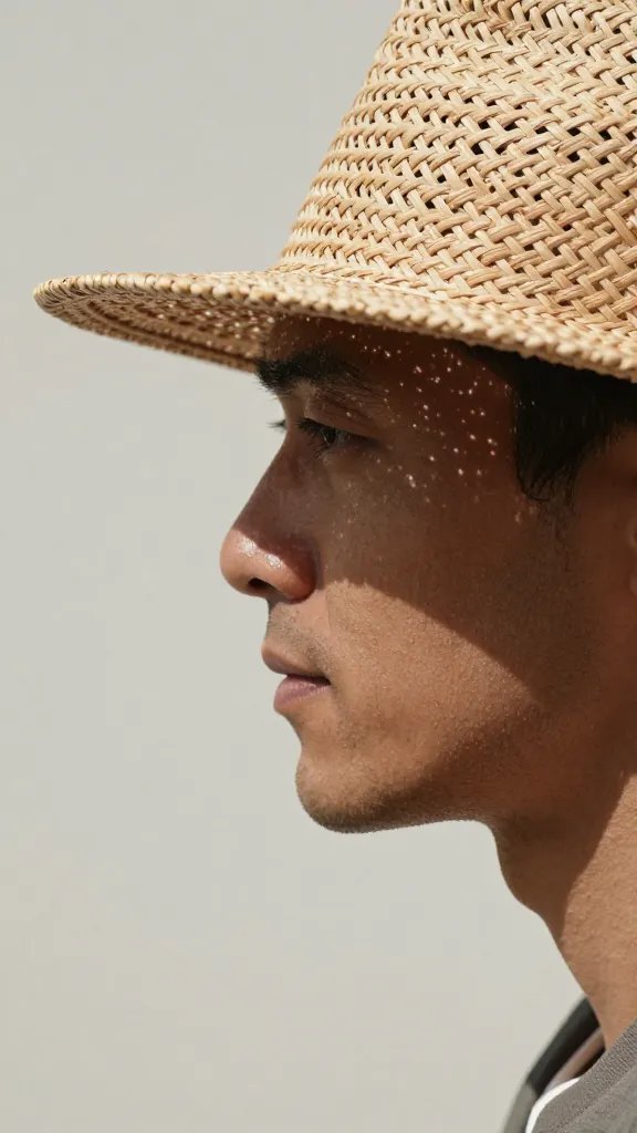 closeup of a man’s profile, straw hat casting soft shadow