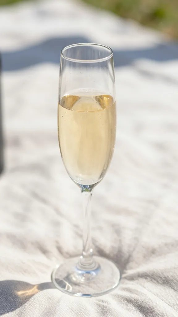 closeup of a champagne flute on a sunlit picnic blanket