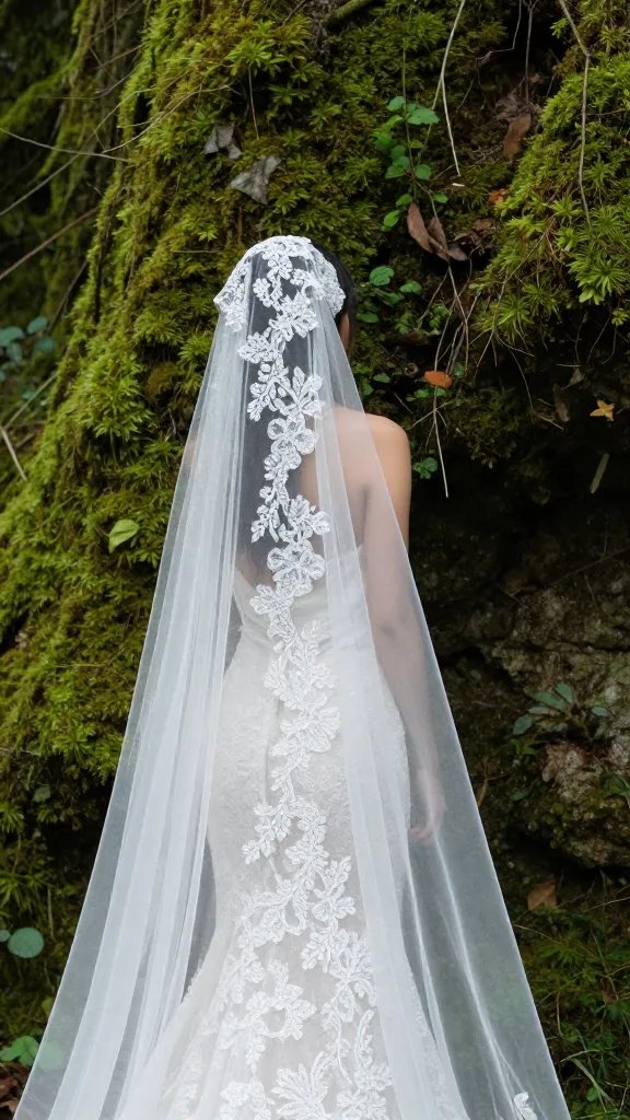 closeup of a mossy forest backdrop with a lace-wedding veil peeking out