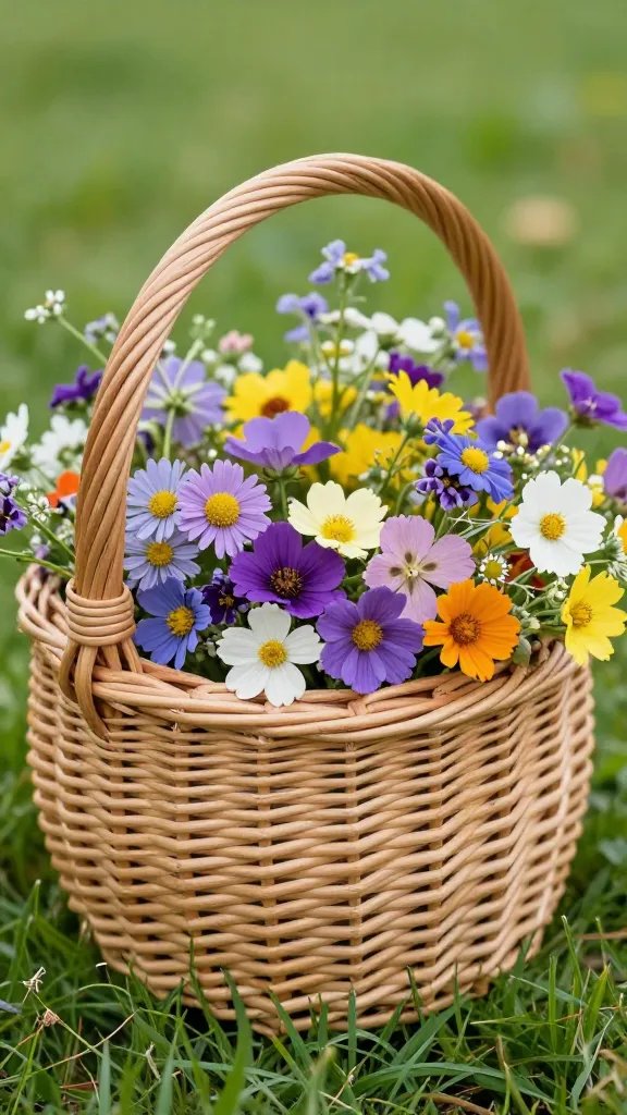 closeup of a wicker basket overflowing with wildflowers on grass
