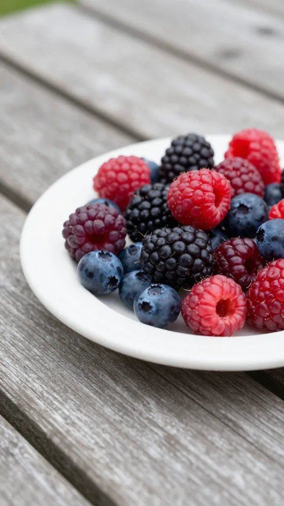 closeup of a wooden picnic-decked dessert plate with berries