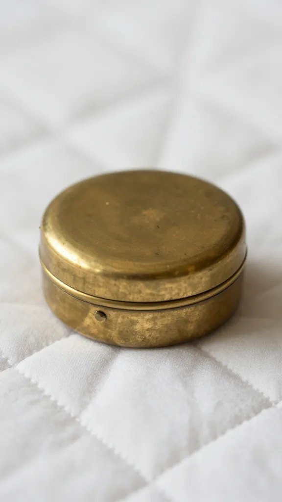 closeup of a vintage brass ring box resting on a quilt