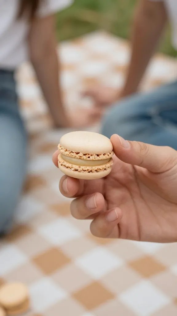 closeup of a couple’s hand-tasted macaron on a picnic blanket (single hand)