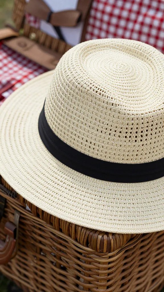closeup of a sunhat resting on a picnic hamper