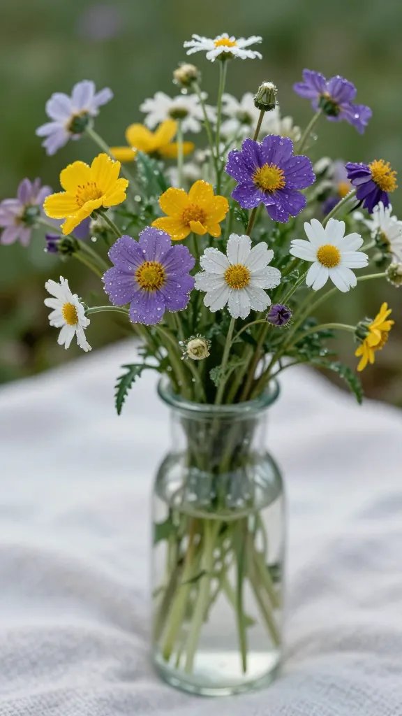 closeup of dew-kissed wildflowers in a glass vase on blanket