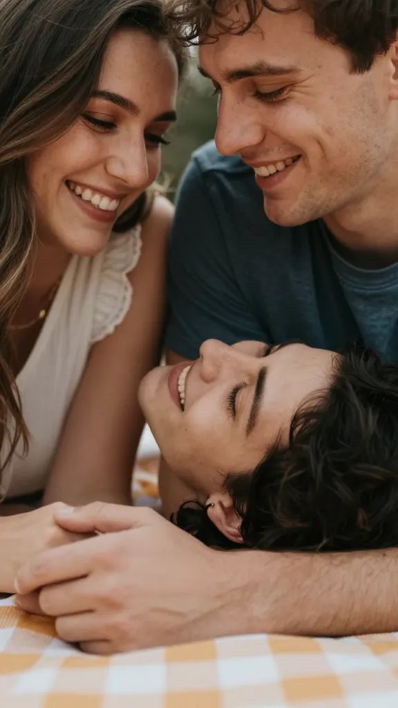 closeup of a couple’s picnic blanket with shared smile, soft natural light