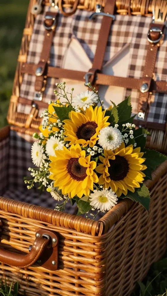 closeup of a bouquet resting beside a vintage picnic basket, golden hour