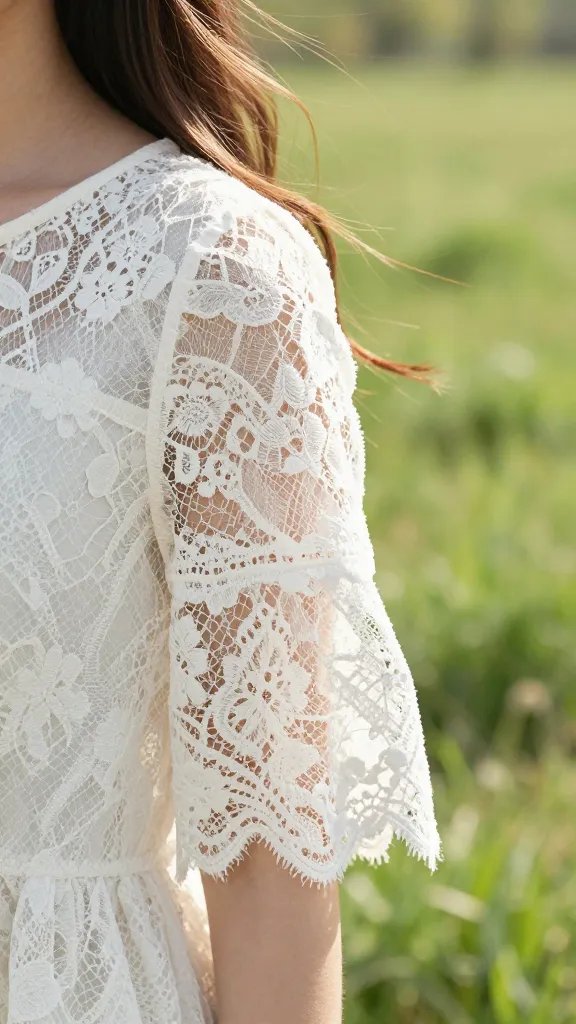 closeup of a lace dress sleeve against sunlit grass, spring breeze