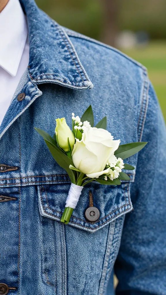 closeup of a boutonniere pinned to a denim jacket, park backdrop