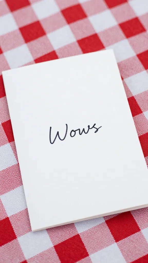 closeup of a handwritten vows card resting on picnic checkered cloth