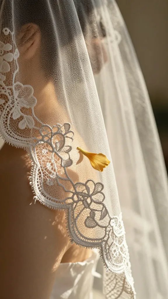 closeup of a lace veil brushing against a sunlit flower petal
