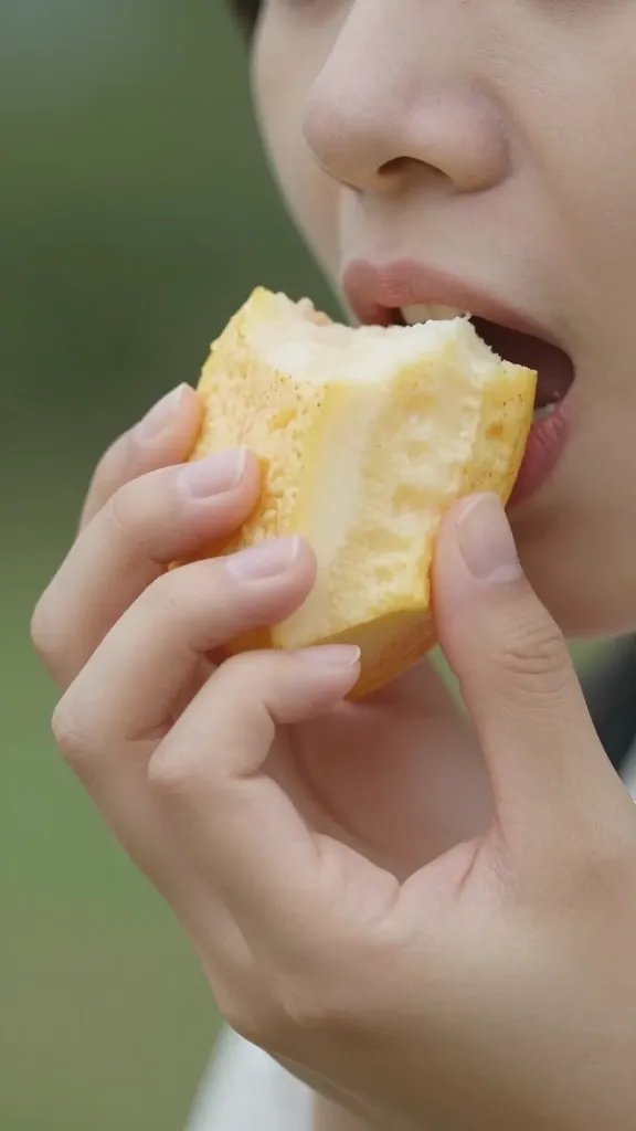 closeup of a shared bite of fruit held by two hands, gentle grip