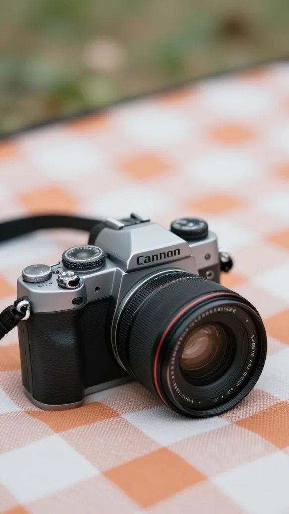 closeup of a camera resting on picnic blanket, shallow depth of field