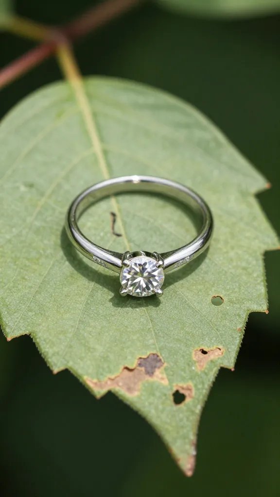 closeup of a couple’s engagement ring on a blistered leaf, outdoor light