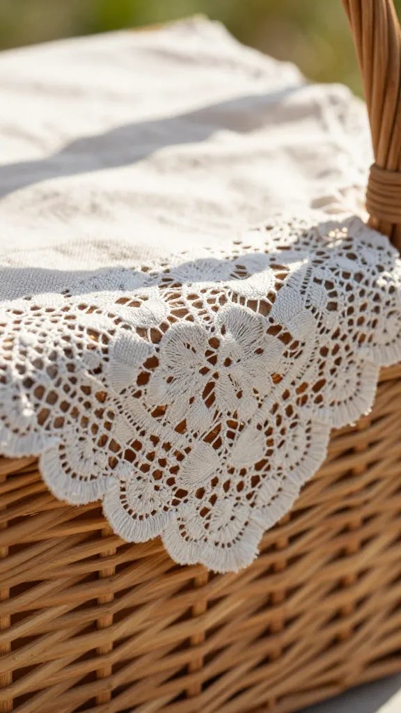 Closeup of a vintage picnic basket with sunlit lace cloth
