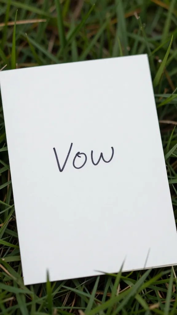 Closeup of a handwritten vow card resting on grass