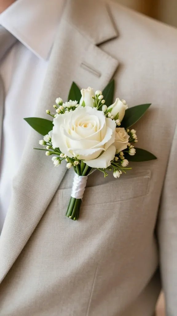Closeup of a floral boutonniere pinned to a light cardigan