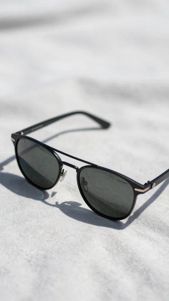 Closeup of a pair of sunglasses on a shaded blanket