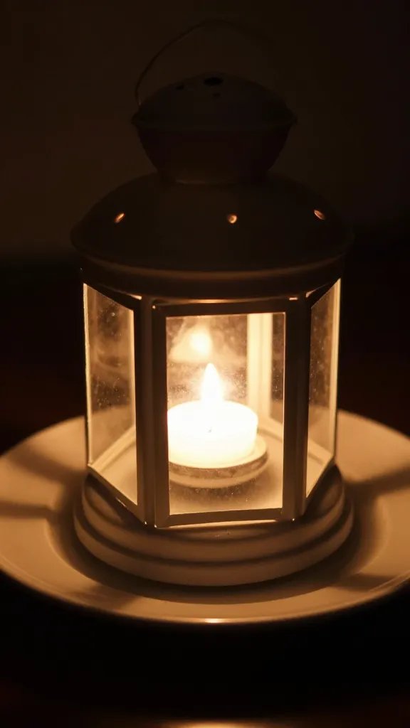 Closeup of a party lantern casting warm glow on a plate