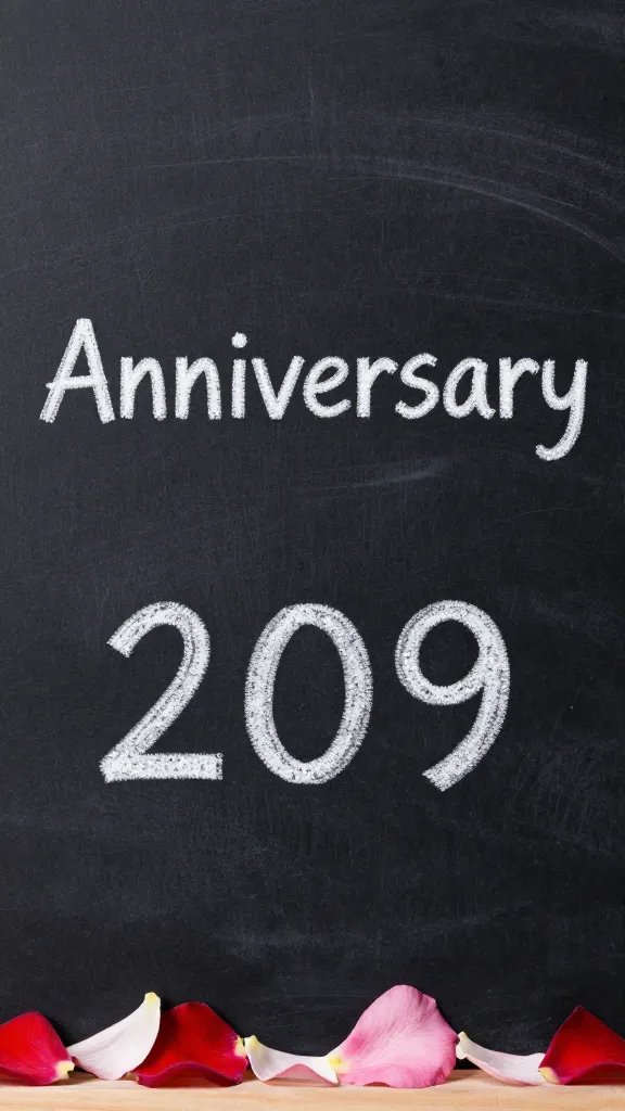 Closeup of a chalkboard with anniversary date and petals