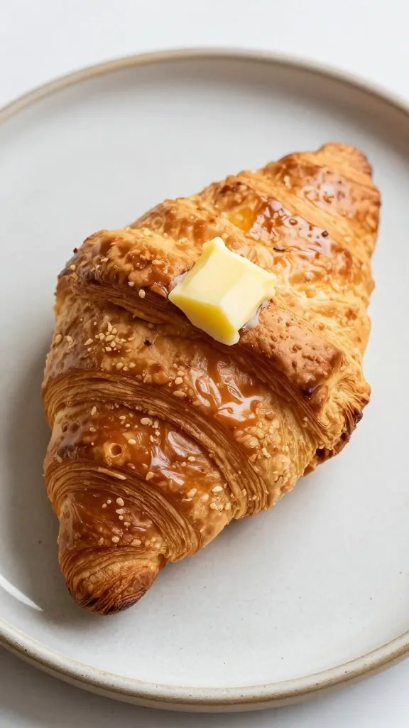 Closeup of a single buttered croissant on a rustic plate