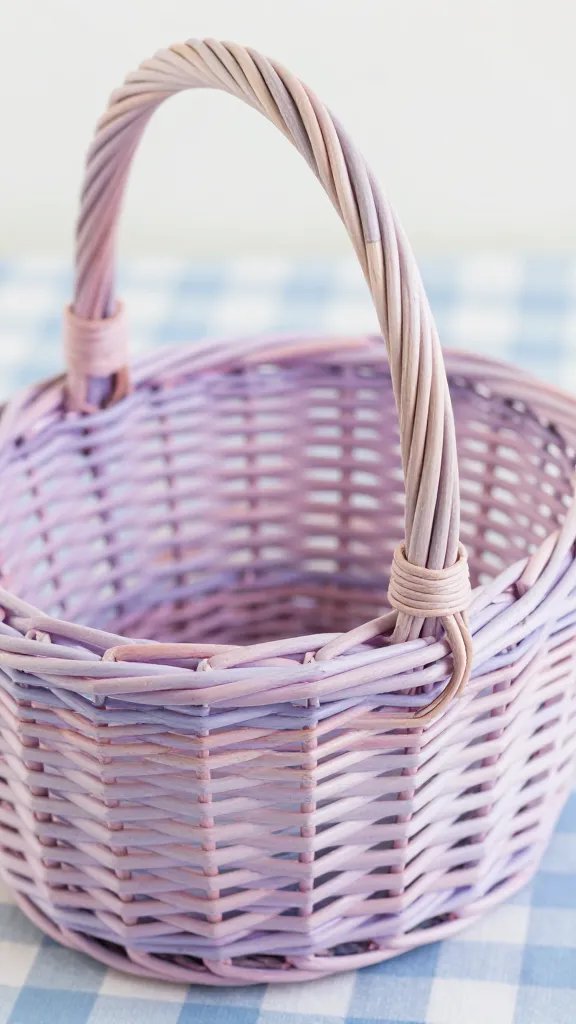 closeup of a pastel wicker basket handle resting on checkered blanket