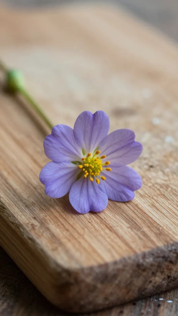 closeup of a single wildflower atop a rustic wooden cutting board
