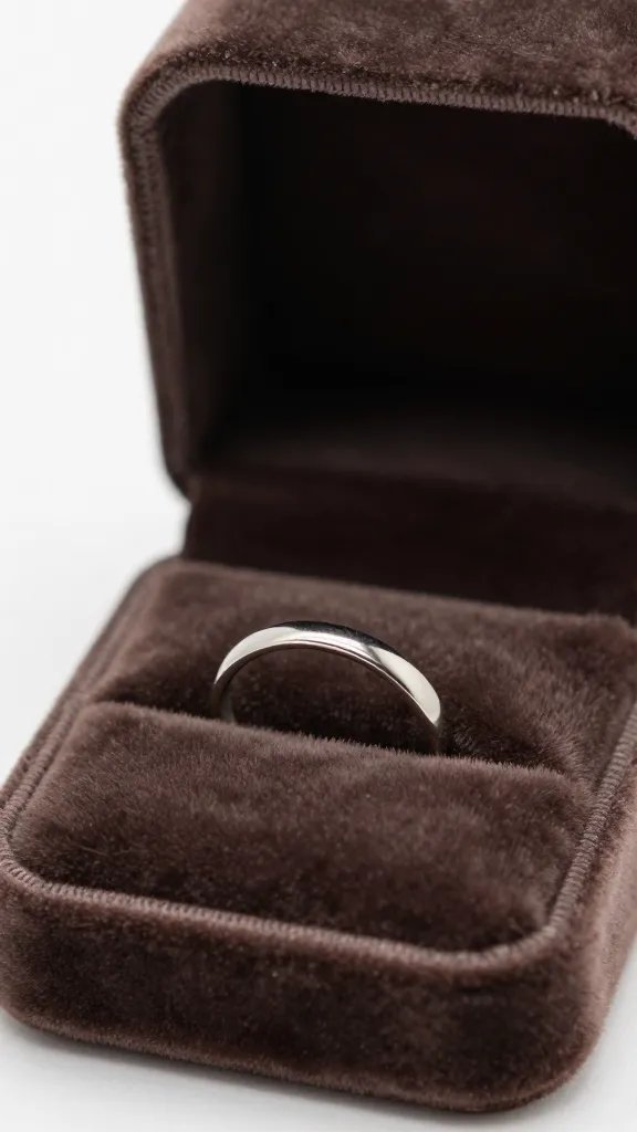 closeup of a velvet ring box opened to reveal a single ring