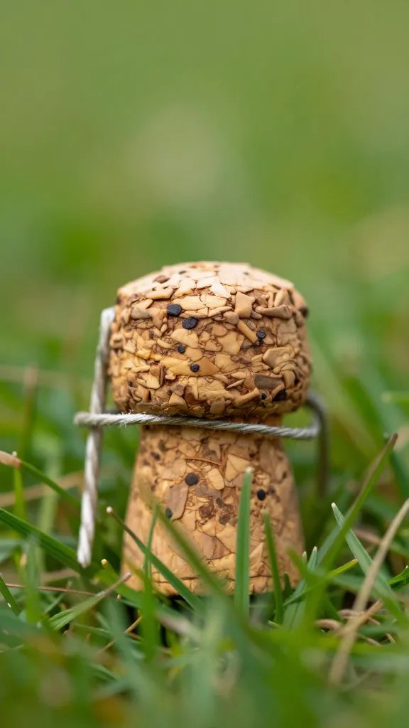 closeup of a tiny champagne cork with string bow on grass
