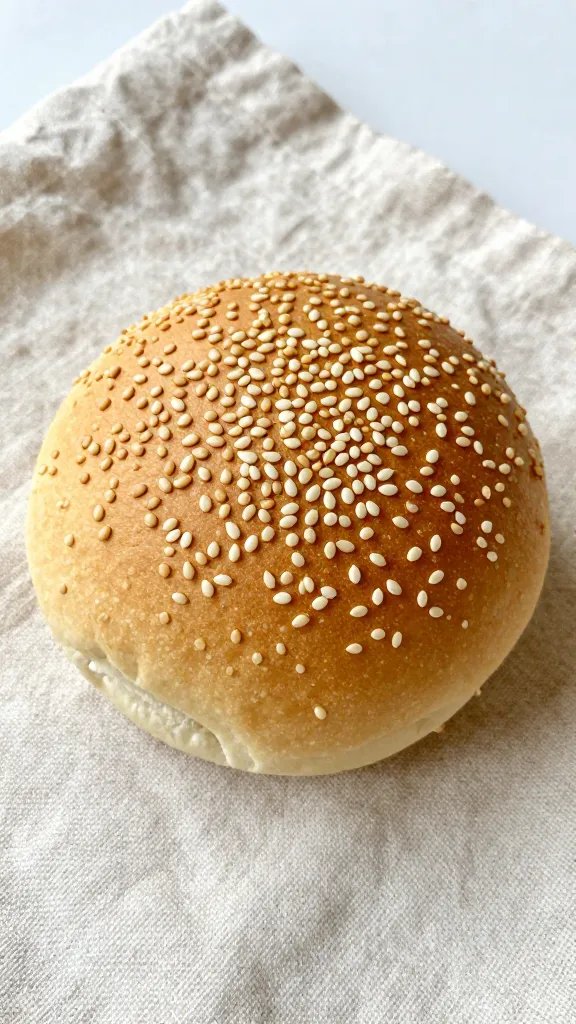 closeup of a single breadroll with sesame seeds on linen cloth