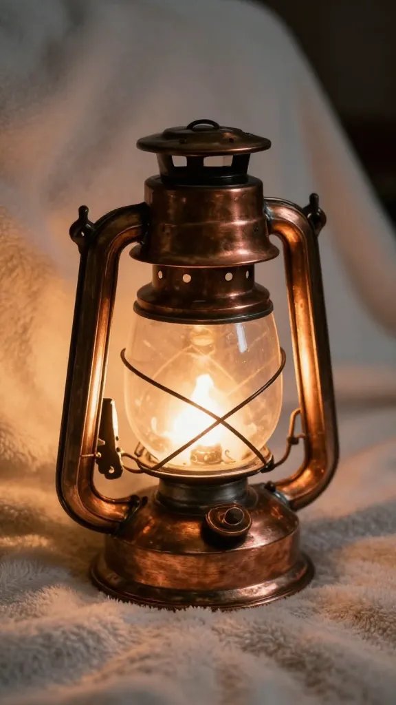 closeup of a single copper lantern casting warm glow on blanket