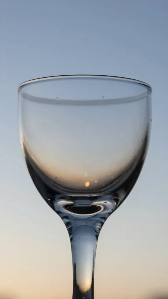 closeup of a single crystal glass catching reflected sky tones
