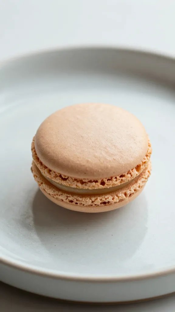 closeup of a dainty macaroon on a ceramic plate with soft shadows