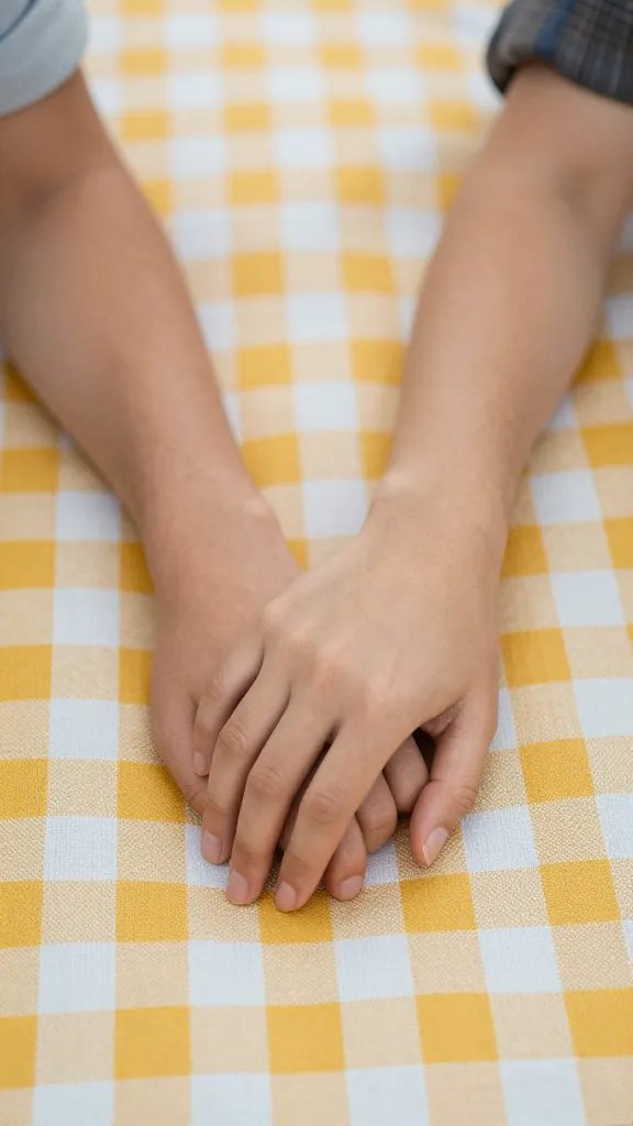 closeup of a smiling couple’s hands with a gingham picnic blanket