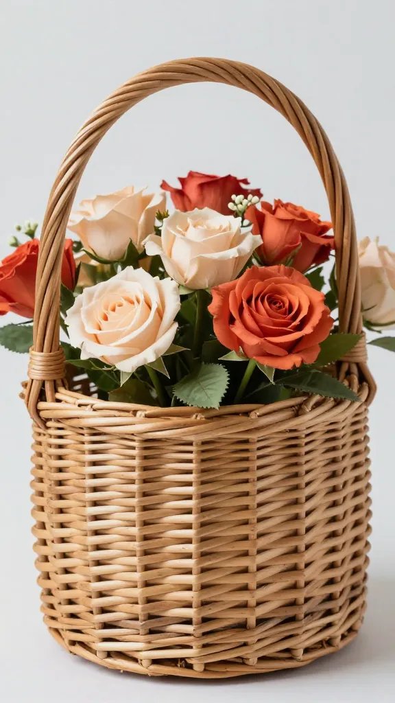 closeup of a single vintage wicker basket with flowers