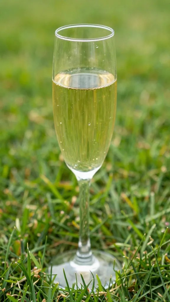 closeup of a champagne flute catching sunlight on grass