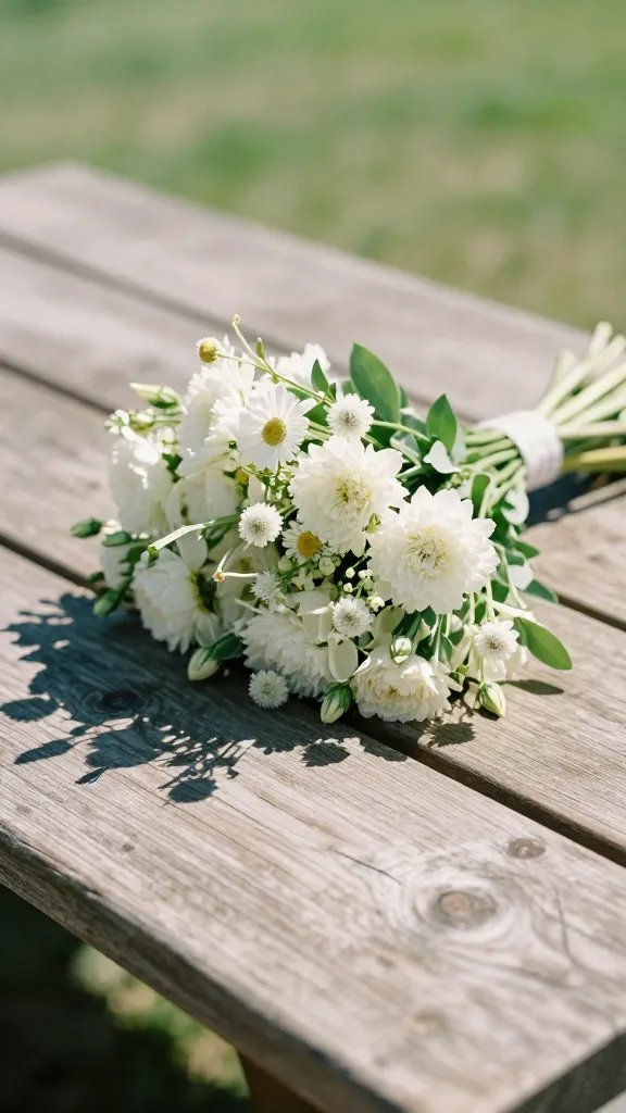 closeup of a sunlit bouquet resting on a rustic picnic table